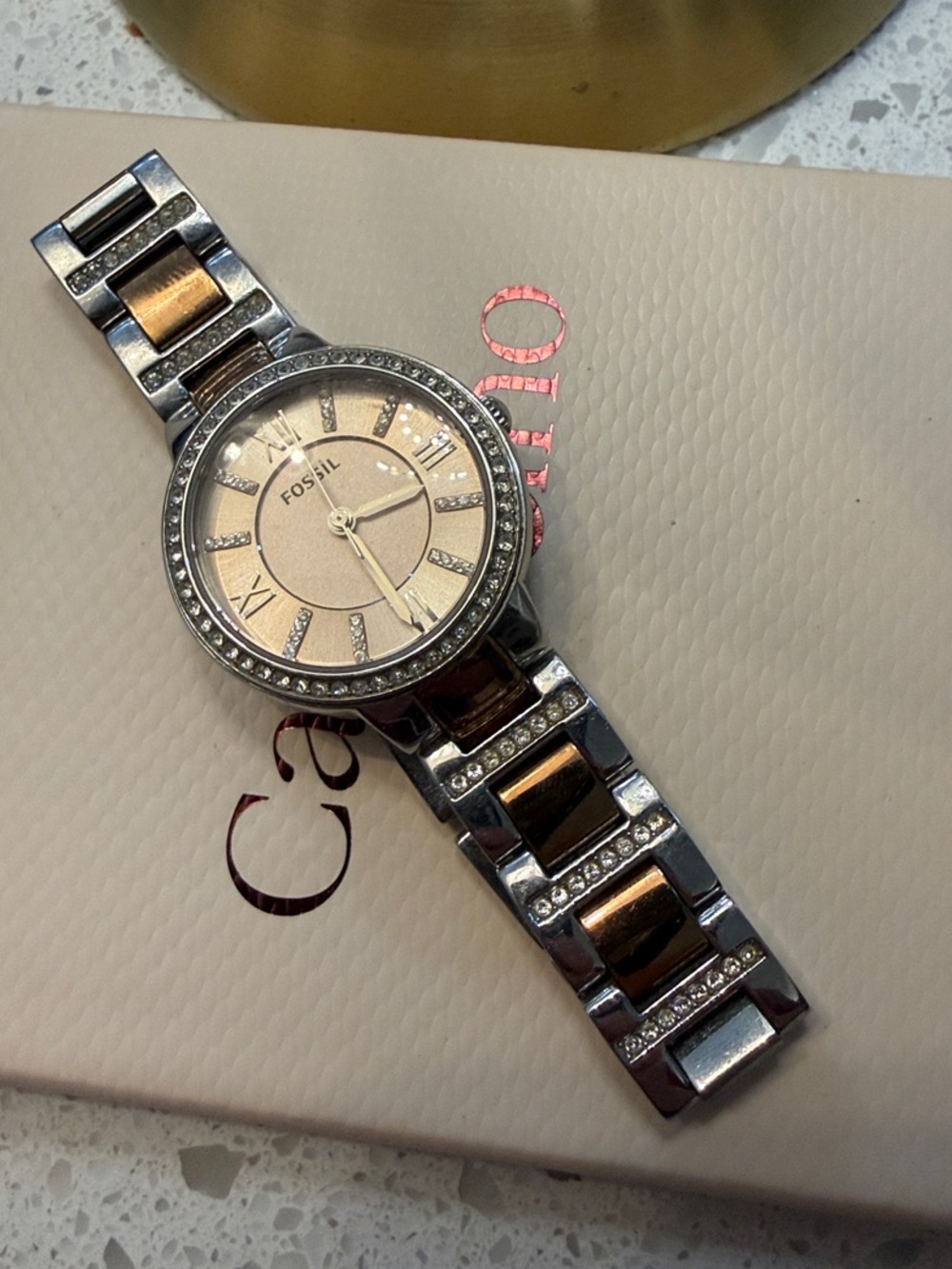 Fossil Two-Tone Silver and Rose Gold Crystal Accent Bracelet Watch